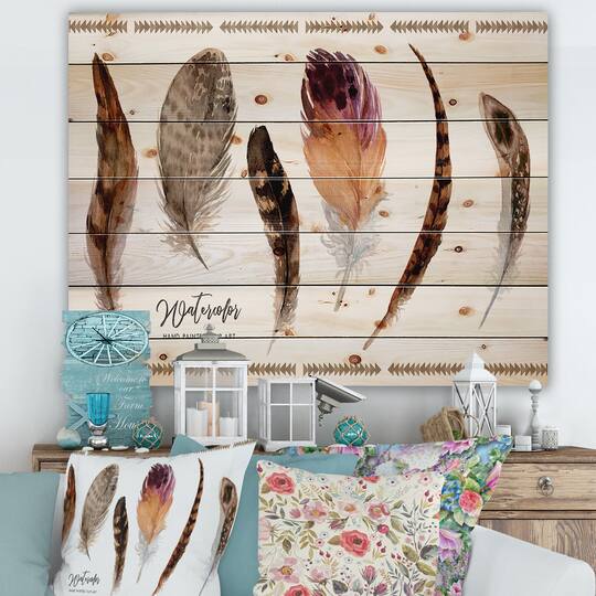 Designart - Exotic Vibrant Boho Feathers - Bohemian & Eclectic Print on Natural Pine Wood